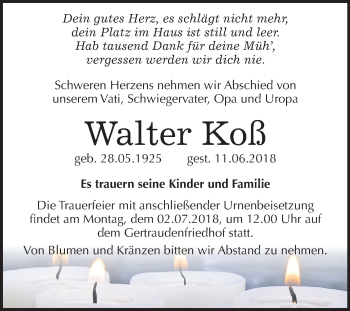 Traueranzeige von Walter Koß von Mitteldeutsche Zeitung Halle/Saalkreis