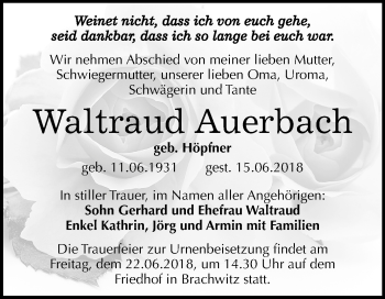 Traueranzeige von Waltraud Auerbach von Mitteldeutsche Zeitung Halle/Saalkreis