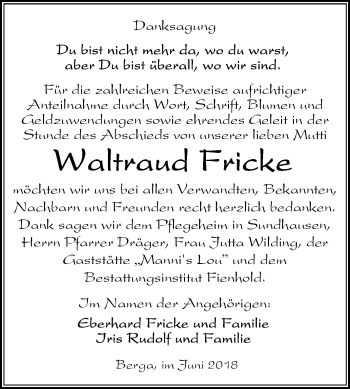 Traueranzeige von Waltraud Fricke von Mitteldeutsche Zeitung Sangerhausen