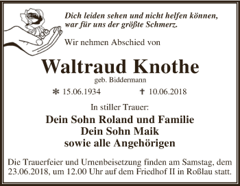 Traueranzeige von Waltraud Knothe von WVG - Wochenspiegel Dessau / Köthen
