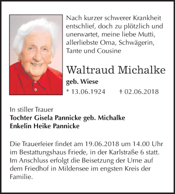 Traueranzeige von Waltraud Michalke von Mitteldeutsche Zeitung Dessau-Roßlau