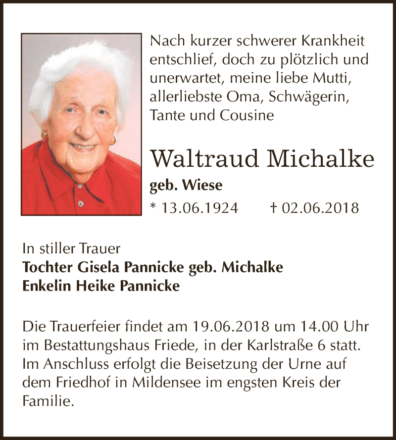  Traueranzeige für Waltraud Michalke vom 09.06.2018 aus WVG - Wochenspiegel Dessau / Köthen