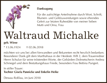Traueranzeige von Waltraud Michalke von WVG - Wochenspiegel Dessau / Köthen