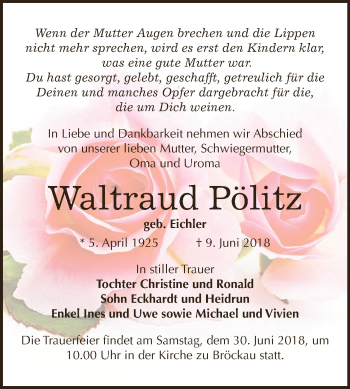 Traueranzeige von Waltraud Pölitz von Super Sonntag Zeitz