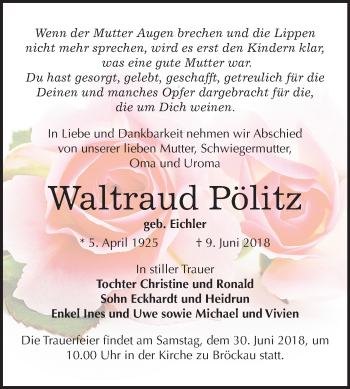 Traueranzeige von Waltraud Pölitz von Mitteldeutsche Zeitung