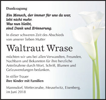 Traueranzeige von Waltraut Wrase von Mitteldeutsche Zeitung Zeitz
