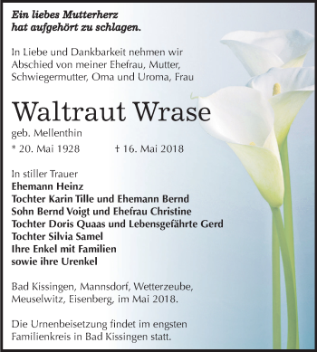 Traueranzeige von Waltraut Wrase von Mitteldeutsche Zeitung Zeitz