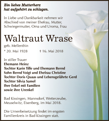 Traueranzeige von Waltraut Wrase von Super Sonntag Zeitz