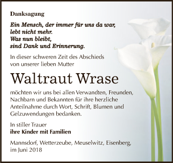 Traueranzeige von Waltraut Wrase von Super Sonntag Zeitz