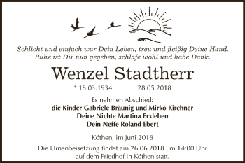 Traueranzeige von Wenzel Stadtherr von WVG - Wochenspiegel Dessau / Köthen