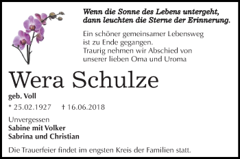 Traueranzeige von Wera Schulze von Mitteldeutsche Zeitung
