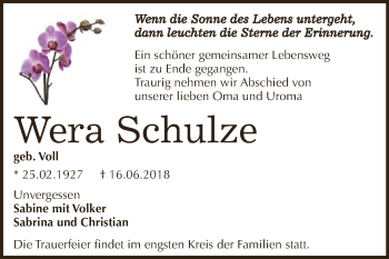 Traueranzeige von Wera Schulze von WVG - Wochenspiegel Dessau / Köthen