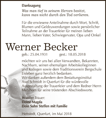 Traueranzeige von Werner Becker von Wochenspiegel Mansfelder Land