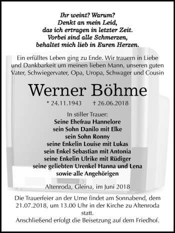 Traueranzeige von Werner Böhme von Mitteldeutsche Zeitung