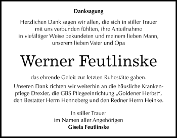 Traueranzeige von Werner Feutlinske von Mitteldeutsche Zeitung Quedlinburg
