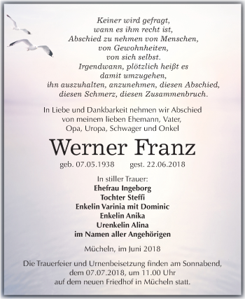 Traueranzeige von Werner Franz von Mitteldeutsche Zeitung Merseburg/Querfurt