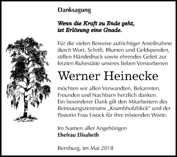 Traueranzeige von Werner Heinecke von Mitteldeutsche Zeitung Bernburg