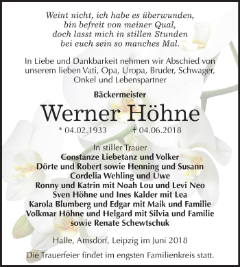 Traueranzeige von Werner Höhne von Mitteldeutsche Zeitung