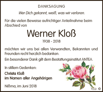 Traueranzeige von Werner Kloß von Super Sonntag Zeitz