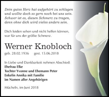 Traueranzeige von Werner Knobloch von Mitteldeutsche Zeitung Merseburg/Querfurt