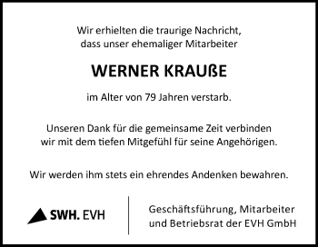 Traueranzeige von Werner Krauße von Mitteldeutsche Zeitung Halle/Saalkreis