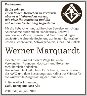 Traueranzeige von Werner Marquardt von Super Sonntag SGH Mansf. Land