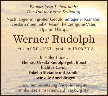 Traueranzeige von Werner Rudolph von WVG - Wochenspiegel NMB / WSF / ZTZ