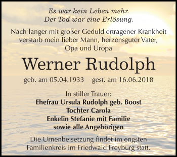 Traueranzeige von Werner Rudolph von Mitteldeutsche Zeitung Weißenfels