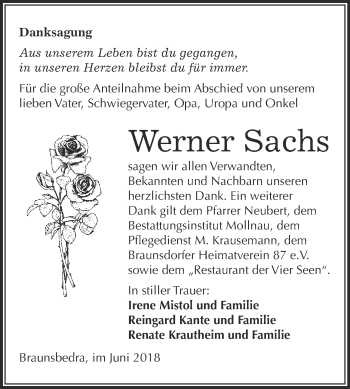 Traueranzeige von Werner Sachs von WVG - Wochenspiegel Merseburg