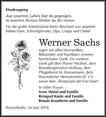 Traueranzeige von Werner Sachs von Mitteldeutsche Zeitung Merseburg/Querfurt