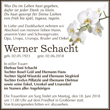 Traueranzeige von Werner Schacht von Super Sonntag SGH Mansf. Land