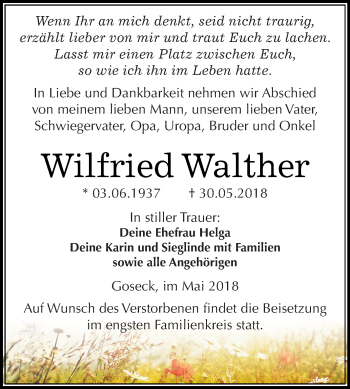 Traueranzeige von Wilfried Walther von WVG - Wochenspiegel Merseburg