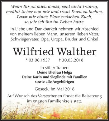 Traueranzeige von Wilfried Walther von Mitteldeutsche Zeitung Weißenfels