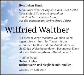 Traueranzeige von Wilfried Walther von WVG - Wochenspiegel Merseburg