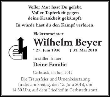 Traueranzeige von Wilhelm Beyer von WVG - Wochenspiegel Quedlinburg