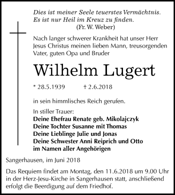 Traueranzeige von Wilhelm Lugert von Mitteldeutsche Zeitung Sangerhausen