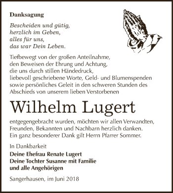 Traueranzeige von Wilhelm Lugert von Super Sonntag SGH Mansf. Land