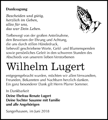 Traueranzeige von Wilhelm Lugert von Mitteldeutsche Zeitung