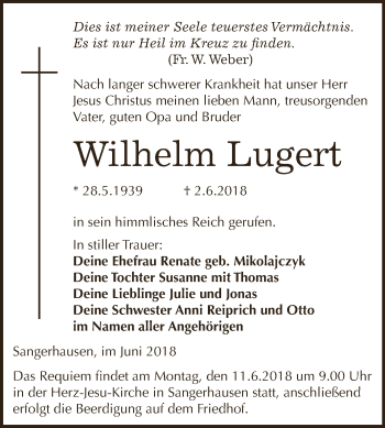 Traueranzeige von Wilhelm Lugert von Super Sonntag SGH Mansf. Land