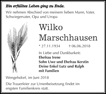 Traueranzeige von Wilko Marschhausen von Super Sonntag Merseburg