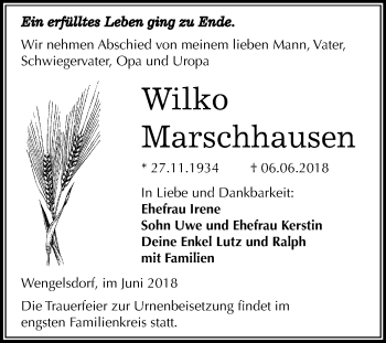 Traueranzeige von Wilko Marschhausen von Mitteldeutsche Zeitung Weißenfels