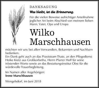 Traueranzeige von Wilko Marschhausen von Mitteldeutsche Zeitung Weißenfels