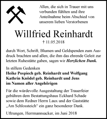 Traueranzeige von Willfried Reinhardt von Mitteldeutsche Zeitung Sangerhausen