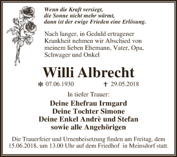 Traueranzeige von Willi Albrecht von WVG - Wochenspiegel Dessau / Köthen