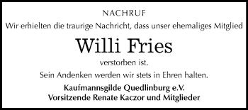 Traueranzeige von Willi Fries von Mitteldeutsche Zeitung Quedlinburg