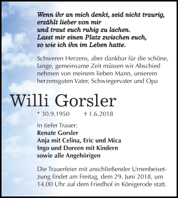 Traueranzeige von Willi Gorsler von Mitteldeutsche Zeitung