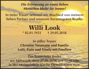 Traueranzeige von Willi Look von WVG - Wochenspiegel Dessau / Köthen