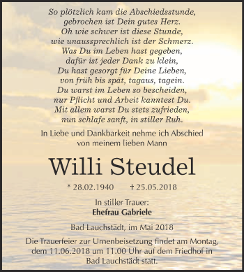 Traueranzeige von Willi Steudel von WVG - Wochenspiegel Merseburg