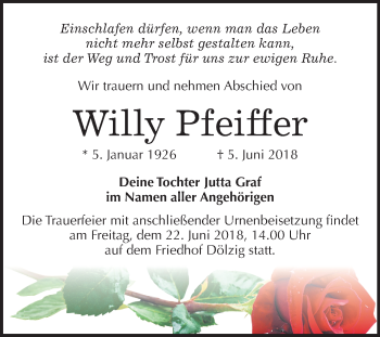 Traueranzeige von Willy Pfeiffer von Mitteldeutsche Zeitung