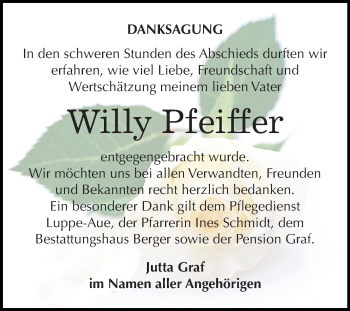 Traueranzeige von Willy Pfeiffer von Mitteldeutsche Zeitung